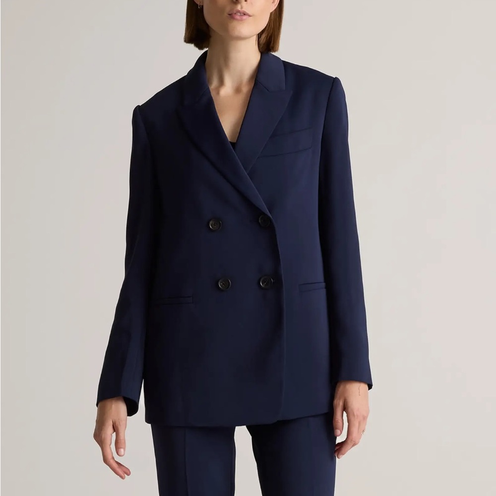 Quince Stretch Crepe Double Breasted Blazer in Navy